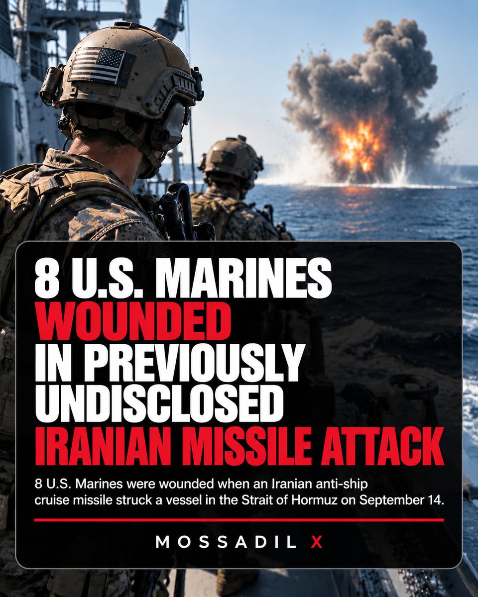 MOSSADil's tweet photo. 🚨 8 U.S. MARINES WOUNDED IN PREVIOUSLY UNDISCLOSED IRANIAN MISSILE ATTACK

Eight U.S. Marines were wounded when an Iranian anti-ship cruise missile struck their vessel in the Strait of Hormuz on Sept. 14.

The 7 enlisted Marines and 1 officer suffered smoke inhalation and concussion symptoms. None was seriously injured, and all returned to duty shortly afterward.

Officials have not identified the vessel, which was not a U.S. Navy warship. The casualties were reportedly added to the Pentagon database roughly 10 days later.
