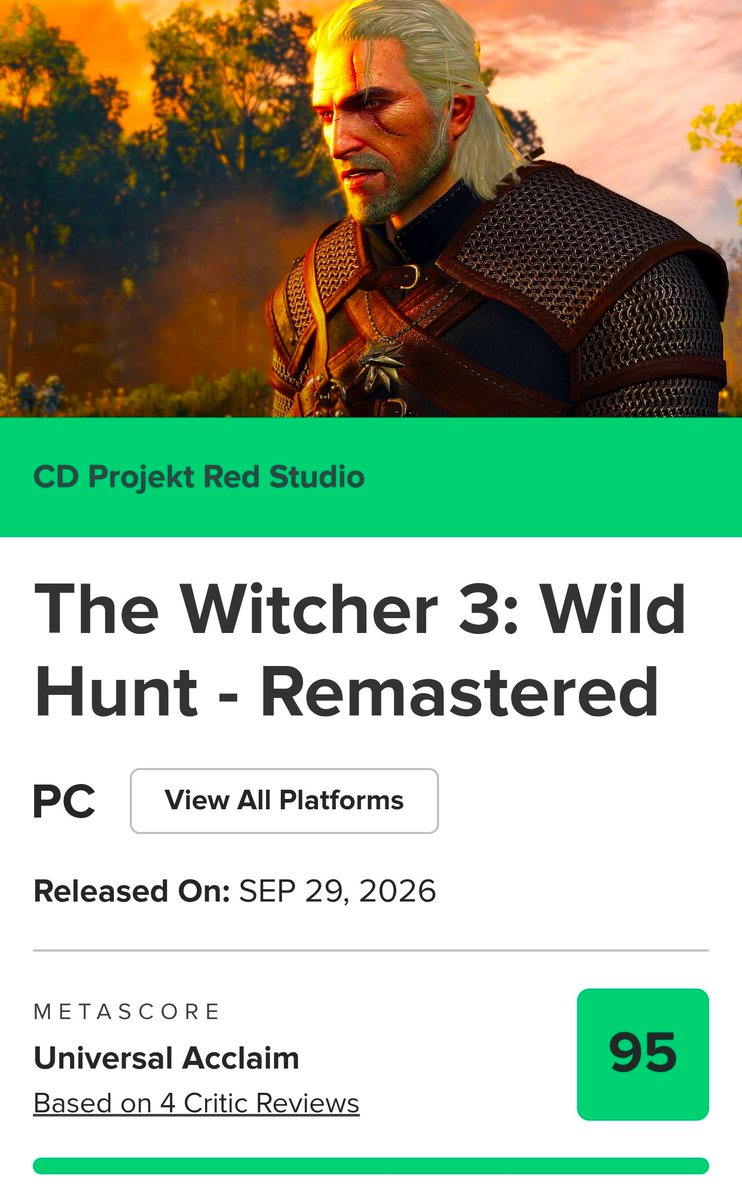 saudigamer's tweet photo. 🚨🚨 تاااريخي‼️‼️

لعبة The Witcher 3 Remastered تصبح أعلى لعبة تقييمًا في 2026 حتى الآن بتقييم 95 على Metacritic‼️🤯 https://t.co/fWGwkphG7T