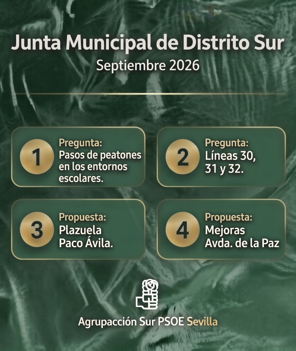PsoeSur's tweet photo. Hoy llevamos las demandas de nuestros barrios a la Junta Municipal del Distrito Sur.
Proponemos:
☑️Mejoras urgentes, limpieza y rehabilitación integral en la Avda. de la Paz.
☑️Denominar "Plazuela Paco Ávila" Trabajando por y para nuestros vecinos y vecinas #DistritoSur #PsoeSur https://t.co/QSkguOej8U