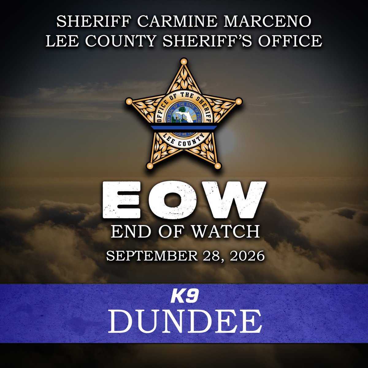 SheriffLeeFL's tweet photo. Well done our good and faithful servant.. We’ve got the watch from here. 💔🙏🏻

It is with a heavy heart that I inform you of the death of K9 Dundee, whose life was lost while assisting deputies during an apprehension in the 1st Precinct early this morning. https://t.co/aQiI4TMB19