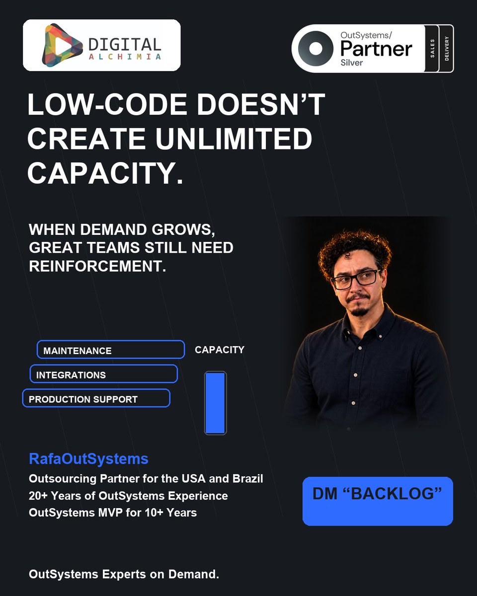 DAlchimia's tweet photo. LOW-CODE DOESN’T CREATE UNLIMITED CAPACITY.

Add specialists or squads around your existing team.

DM me BACKLOG.

#OutSystems #DigitalAlchimia https://t.co/u0XTZIQuYR