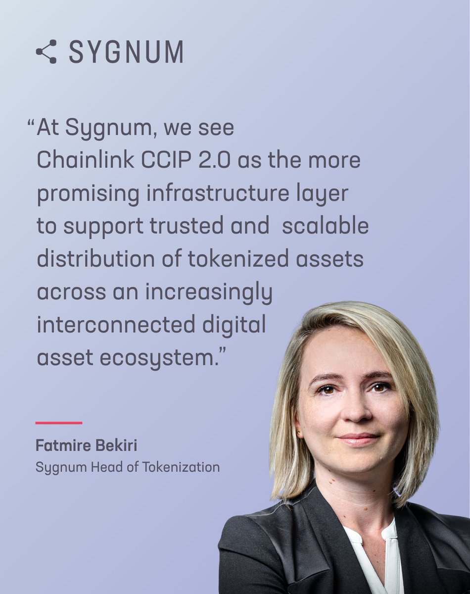 sygnumofficial's tweet photo. Sygnum is proud to support @chainlink's launch of CCIP 2.0, helping maximize the utility and reach of institutional digital assets across blockchains.

CCIP 2.0 enables institutions to distribute digital assets across chains without rearchitecting their existing tech stack. It provides a neutral interoperability layer designed to support secure cross-chain infrastructure.

“Tokenization is entering its next phase – moving beyond issuance towards broader distribution and real-world utility. Secure interoperability across blockchain networks will be a critical enabler of that transition," says Fatmire Bekiri, Sygnum Head of Tokenization.

"At Sygnum, we see Chainlink CCIP 2.0 as the more promising infrastructure layer to support trusted and scalable distribution of tokenized assets across an increasingly interconnected digital asset ecosystem.”

The launch brings together strategic partners including ANZ Bank, @AllUnityStable, @awscloud, @DeutscheBoerse’s Crypto Finance, Fidelity International, @googlecloud, @Infosys, and @taurus_hq.

Learn more: https://t.co/KWXnUDZijq

#digitalassets #marketsnapshot #tokenization

Disclaimer: https://t.co/lCkJmXaKLS