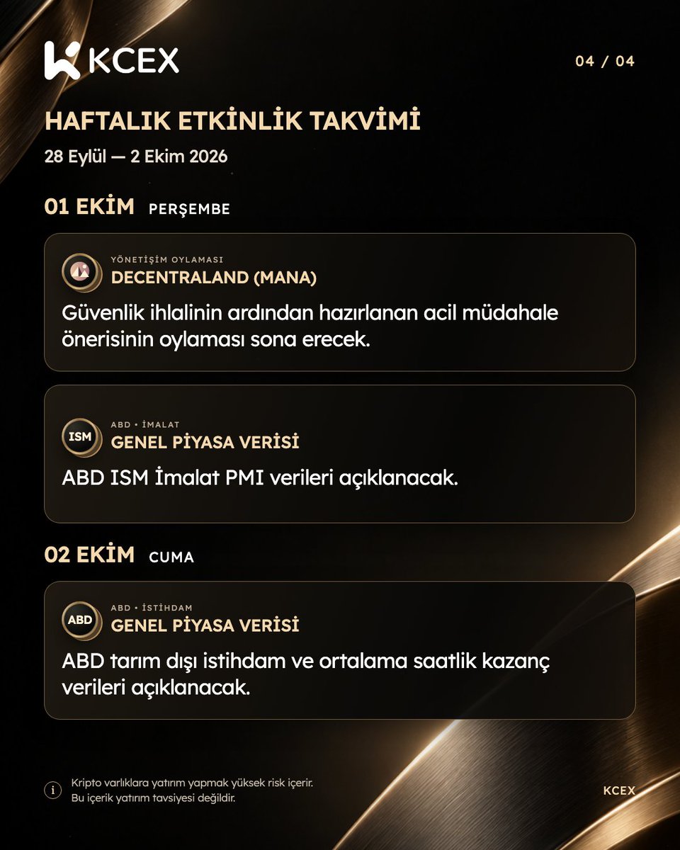 KCEX_Turkey's tweet photo. ABD’den gelecek verilerle yoğun bir hafta kapıda. 👀

Kripto tarafında da takvim boş değil. Peki, hangi gün neyi takip edeceğiz?

28 Eylül–2 Ekim ajandası görsellerde 👇

#KCEX #Kripto https://t.co/JC5SHNMH9b