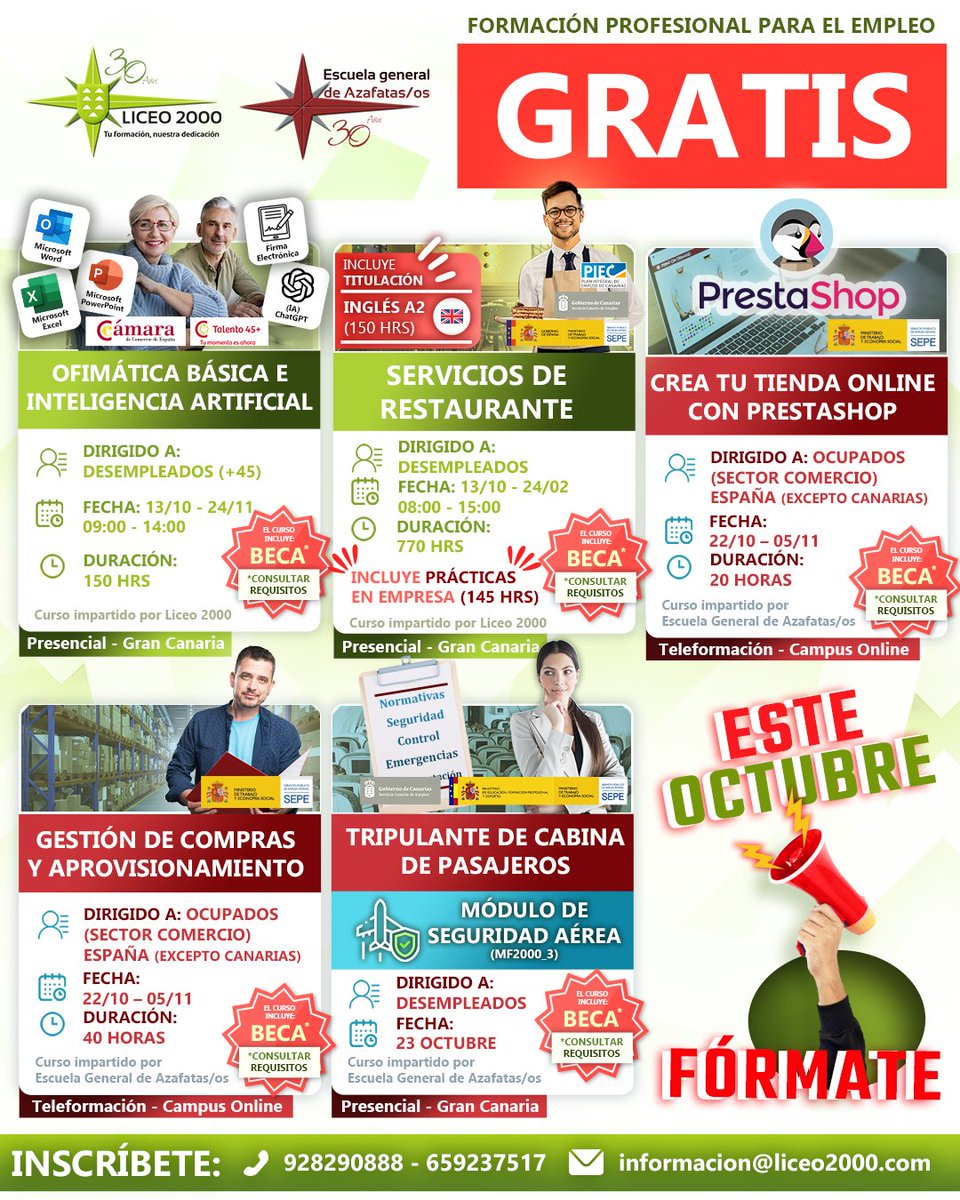 LICEO2000's tweet photo. [FORMACIÓN GRATUITA - OCTUBRE 2026]

Para más información:
✉️ informacion@liceo2000.com
📞 928364205 - 636663316
🔗https://t.co/qii8FoKeaX

#Liceo2000 #FormaciónGratuita #Subvecionada #LasPalmasdeGC https://t.co/l4KkVGvUIm