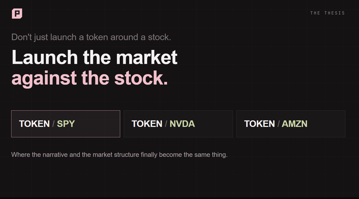 purserfi's tweet photo. The Purserfi thesis in one line:

Don’t just launch a token around a stock. Launch the market against the stock.

TOKEN/SPY
TOKEN/NVDA
TOKEN/AMZN

Stock-paired launches are where the narrative and the market structure finally become the same thing. https://t.co/Ei8tKmQfxL