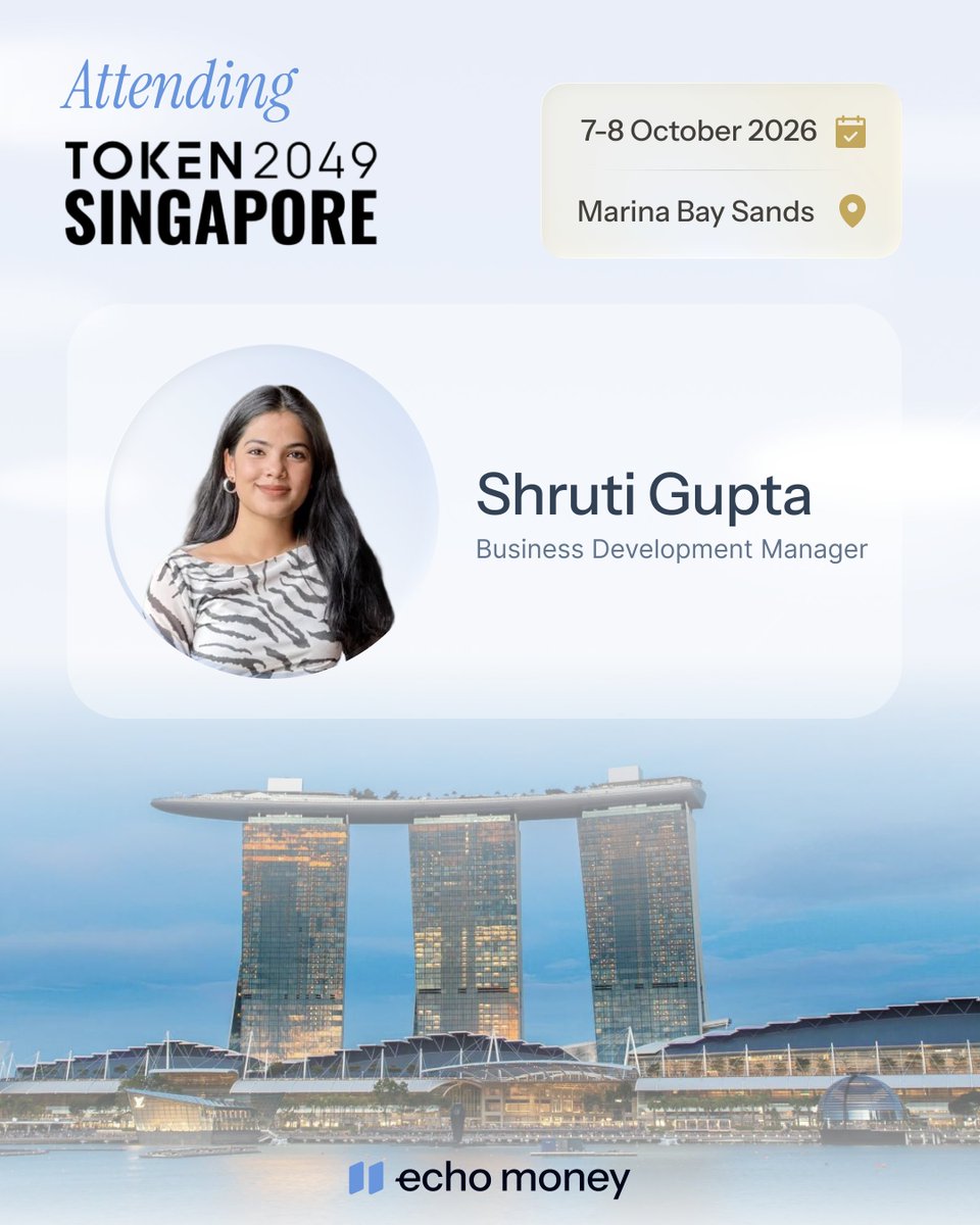 echomoneyHQ's tweet photo. Heading to @token2049 Singapore 🇸🇬✈️

Our Business Development Manager, @shrutigupta_28, will be at Marina Bay Sands on October 7 and 8.

If cross-border payment friction is slowing your growth, connect with her 🤝👇
https://t.co/mUTrtIGdtp https://t.co/I3Pjfm7hNx