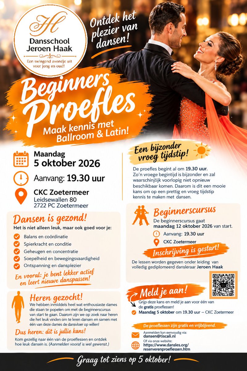 dansersjh's tweet photo. Beginners PROEFLES – maandag 5 oktober!

Kom dan naar onze gratis en vrijblijvende beginners proefles!
📅 Maandag 5 oktober
🕘 Aanvang 19.30u
📍 CKC Zoetermeer

Aanmelden https://t.co/K60JQQyEIg

Start beginnerscursus: 12 oktober 2026 - 19.30u
#dansles #lansingerland #zoetermeer https://t.co/AV3JPuxY6z