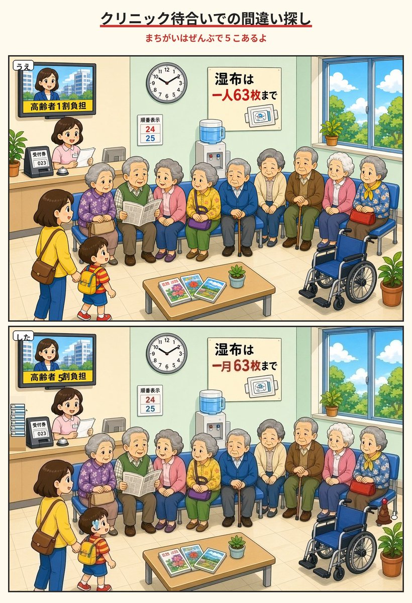 satousemashi's tweet photo. 間違い探しNo.1 クリニックの待合い https://t.co/vFK57ZcodV