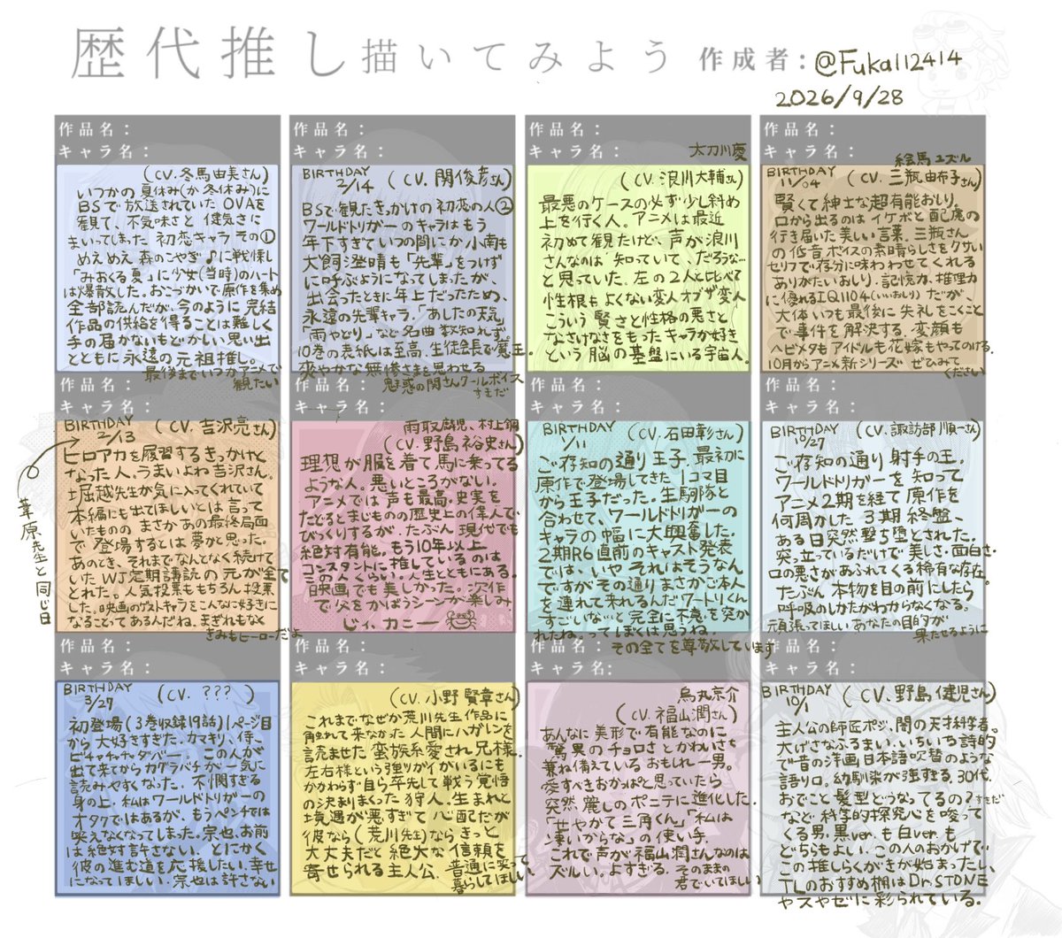 Fuka112414's tweet photo. 歴代推し描いてみた！（文字で）

作品名とキャラ名はなんか恥ずかしいので後で絵のほうで載せます！
よかったら当ててみてください🤝 https://t.co/YxpqQAP1YJ