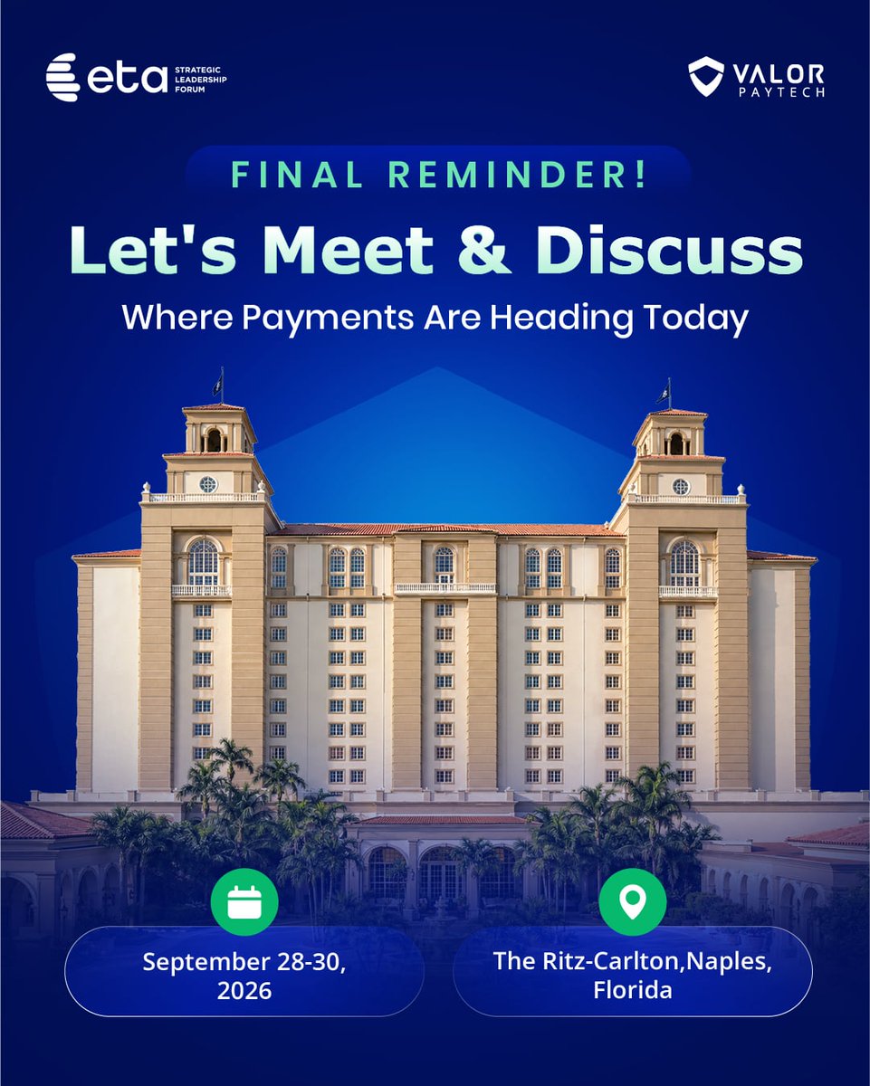 ValorPayTech's tweet photo. ⏰ A few hours left. @ElecTranAssoc Strategic Leadership Forum starts Sept 28-30 at The @RitzCarlton, Naples FL. Valor's in the house — come say hi. 🤝

#ETASLF #EventDay #FinTech https://t.co/3YwwC3iSlg