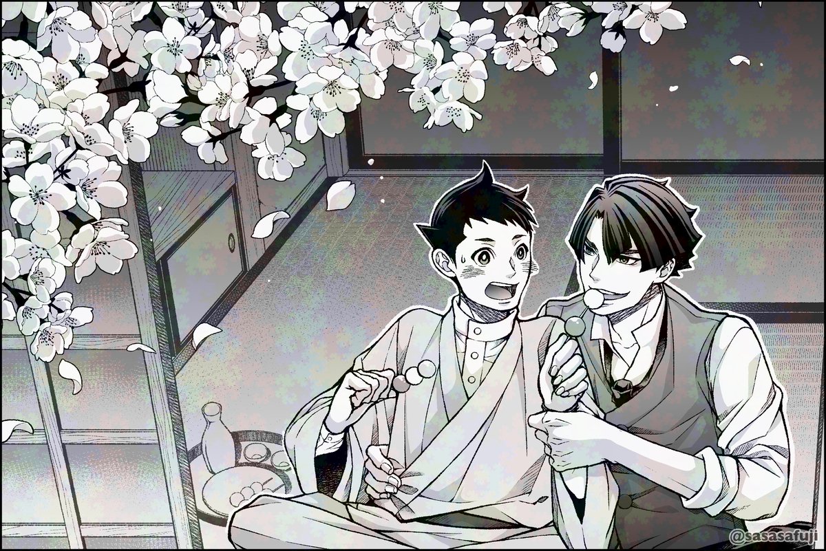 sasasafuji's tweet photo. またもや遅くなってしまいすみません…！
ワンドロ「花」「約束」で描かせていただきました
帰国したらまた一緒に花見をしようと約束していたｱｿとﾉｽｹ。ちゃんと約束を守った2人という設定です 
 #アソ龍金縁ワンドロワンライ https://t.co/WT4zQZ98xv