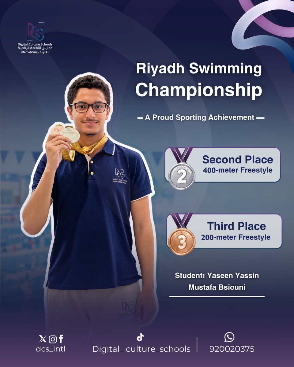 DCS_INTL's tweet photo. Congratulations to our student, Yaseen Mostafa Basiony, on achieving 2nd place in the 400m Freestyle and 3rd place in the 200m Freestyle at the Riyadh Region Swimming Championship. 🏊‍♂️🏆

Wishing him continued success and many more achievements! ✨ https://t.co/dh5jBlMUqh