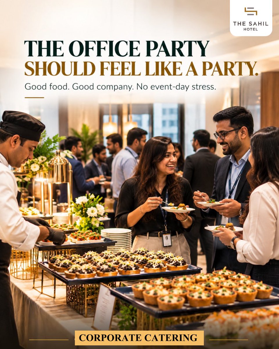 TheSahilHotel's tweet photo. Your office party should feel like a party. Corporate catering at The Sahil Hotel, Mumbai Central: good food, good company, no event-day stress. Get in touch to plan your team event. #CorporateCatering #MumbaiCentral https://t.co/LDYV8doFe8