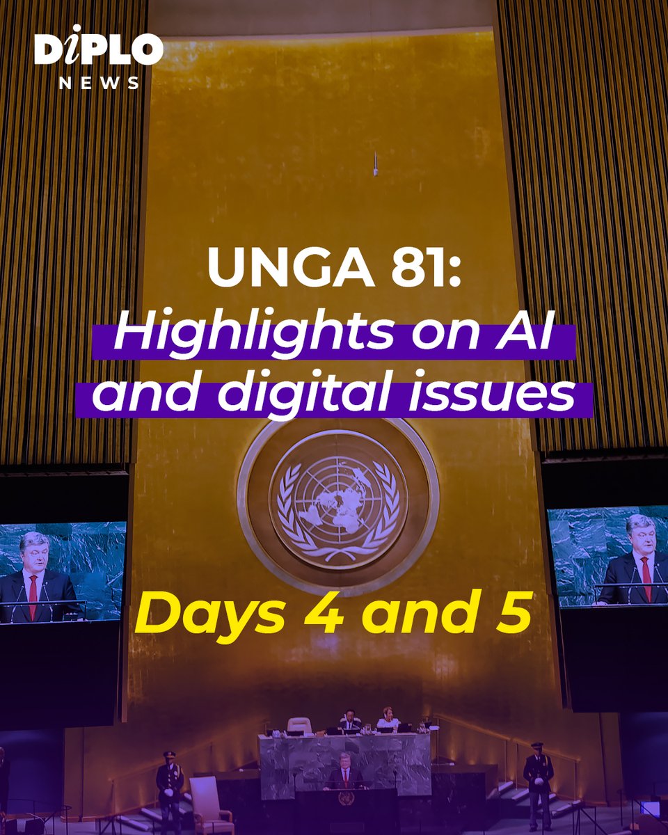 DiplomacyEdu's tweet photo. Who owns the data that powers AI, and who decides how AI is governed? 

Days 4 and 5 of #UNGA81 General Debate brought warnings of ‘colonisation by data’, calls for sovereign AI, and proposals for new international frameworks and mechanisms. 

Read our Days 4 and 5 overview 👇
https://t.co/qYbzU69Lc7 
.
.
#UNGA81 #AIGovernance #DigitalPolicy
