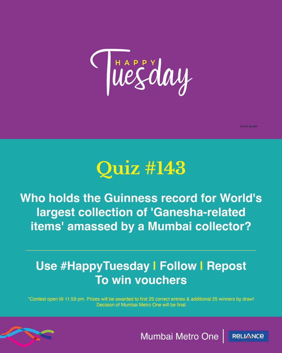 MumbaiMetro01's tweet photo. #HappyTuesday quiz is here! 

The 143rd edition is about 18,181 unique Ganesha memorabilia by an artist hand-crafting idols without moulds, often blindfolded, recognised by Limca Book of records too. 

Prizes will be awarded to 50 winners, the first 25 correct entries, and an additional 25 winners by draw.

Follow, Repost and Use #HappyTuesday (all mandatory) to win. 

#ContestAlert #Giveaways #Voucher #MumbaiMetro