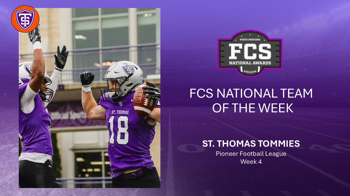 OptaAnalystFCS's tweet photo. Stats Perform FCS National Team of the Week

Congratulations to the St. Thomas Tommies and coach Glenn Caruso.

FCS Week 4 Awards: https://t.co/Wi3J1hM1TS https://t.co/fxraS8tNjB