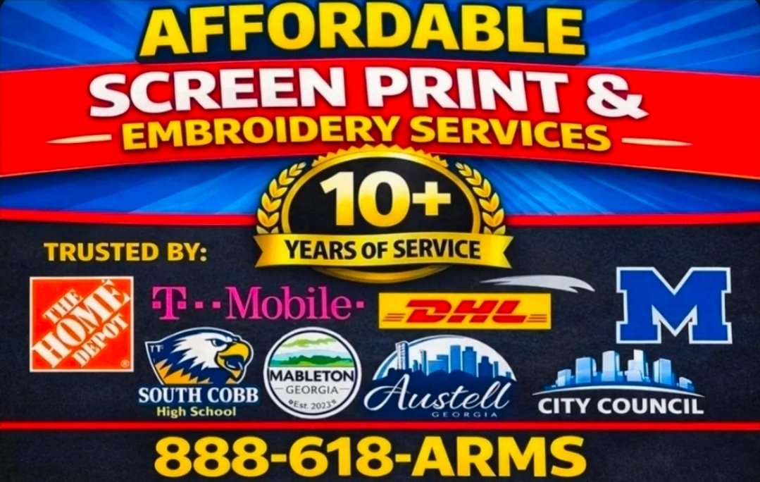 ARMS_Atlanta's tweet photo. Bulk screenprint and embroidery services. Call ARMS Atlanta Apparel 24/7. Follow to see our work (888)618-ARMS https://t.co/x1IYR9uwlJ