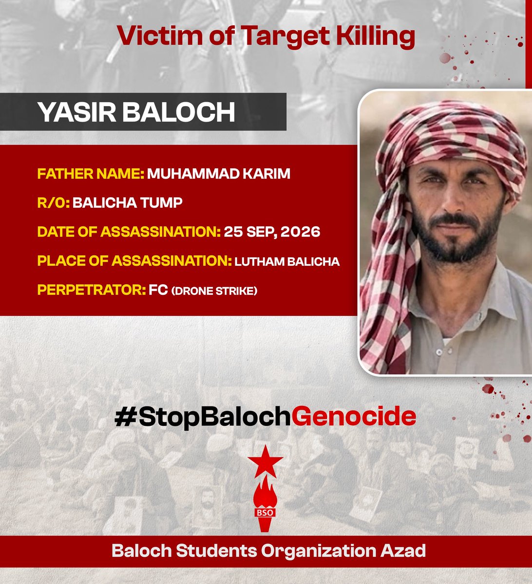bsoazadmedia's tweet photo. The Occupying Pakistani forces killed four Baloch civilians in a drone strike in Balicha, Tump area of Balochistan. The civilians were on a picnic in nearby town of Balicha and were attacked by the drone strike of tyrant Pakistani military. 

No one is safe in occupied Balochistan.

#StopBalochGenocide