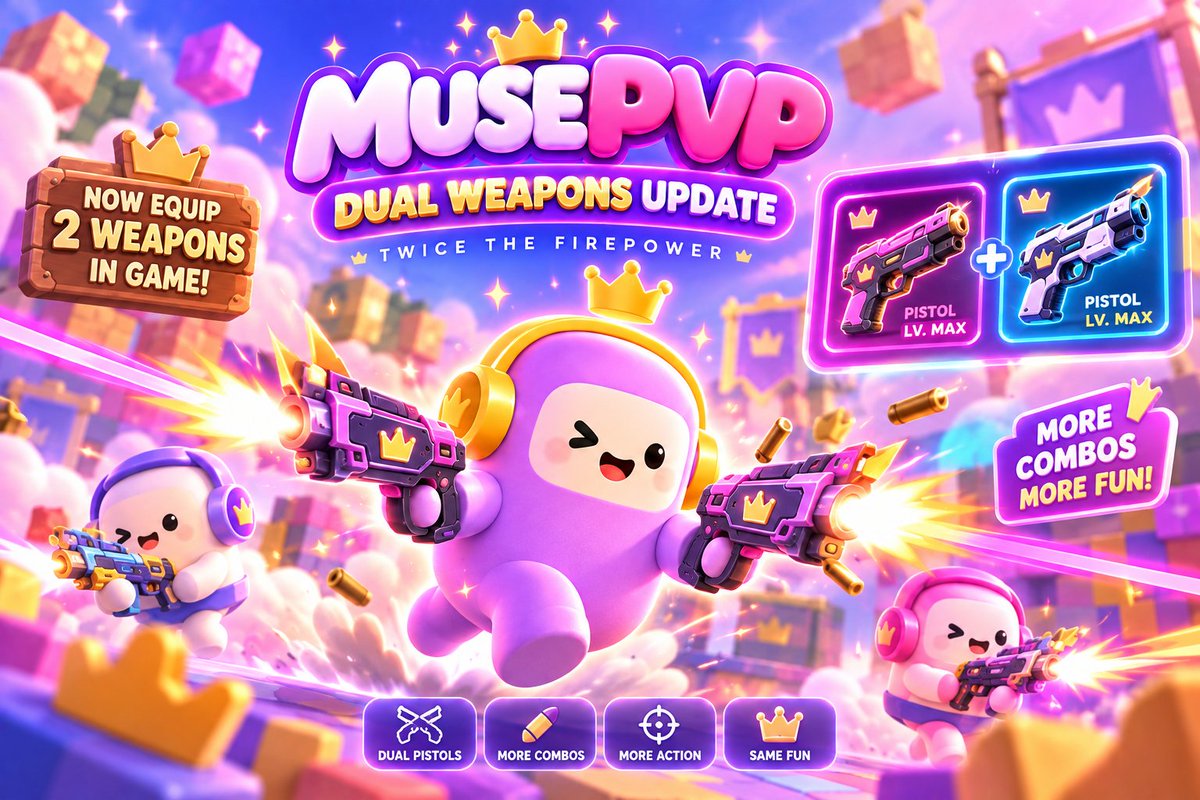 musepvp's tweet photo. Muse PVP is getting even more intense.

You can now carry 2 weapons during a match, giving you more freedom to switch up your strategy, create new weapon combinations, and adapt to every fight.

2 Weapons Per Loadout
Dual Pistols

https://t.co/cI7flC3f5N https://t.co/TPx823EJ6a