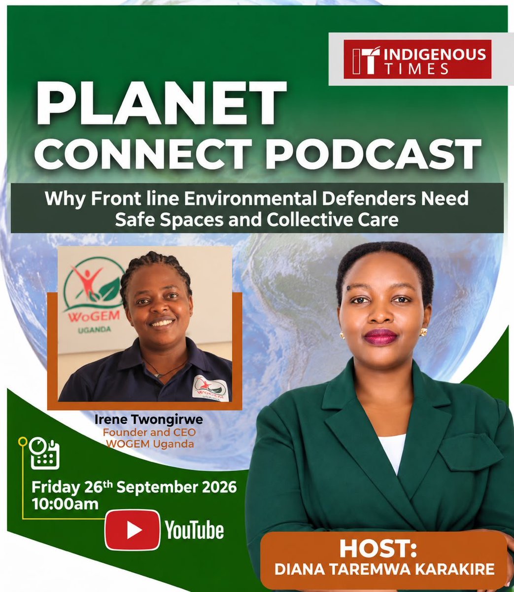 WogemU's tweet photo. Our ED, @TWONGIRWEIREEN1, joined @DianaTaremwaK, host of the #PlanetConnectPodcast, for an important conversation on #EnvironmentalJustice, safe spaces, and collective care for #EnvironmentalDefenders.

📺 Don’t forget to watch the full conversation on #YouTube ! https://t.co/XrkSCryCGF