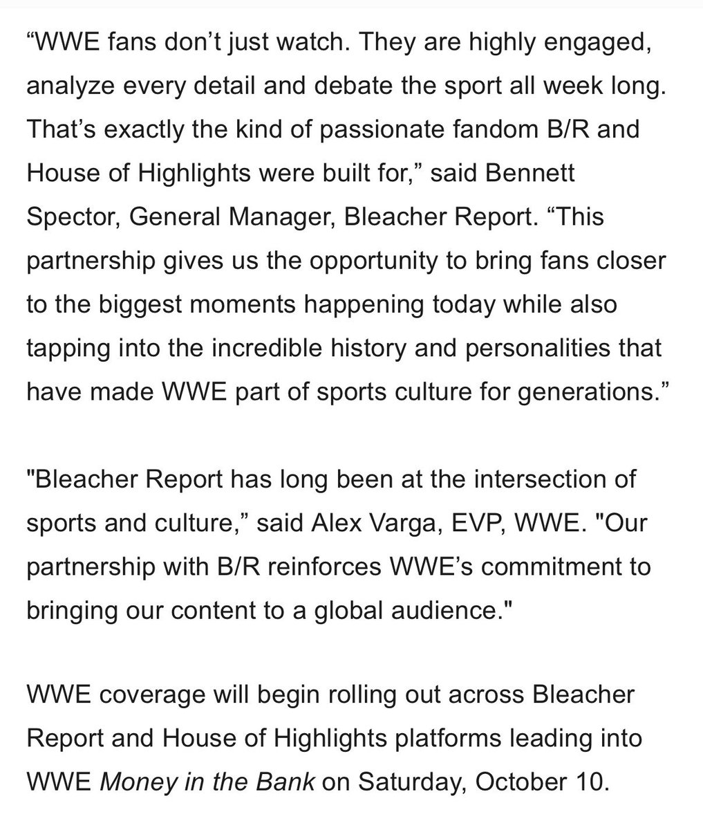 FalseFinishHQ's tweet photo. Bleacher Report and WWE have announced a multi-year global content partnership. Bleacher Report will hold global highlight rights for #WWERAW, #WWENXT, #SmackDown, and PLEs. The content will be distributed on Bleacher Report, House of Highlights, B/R Wrestling, and their social and digital platforms