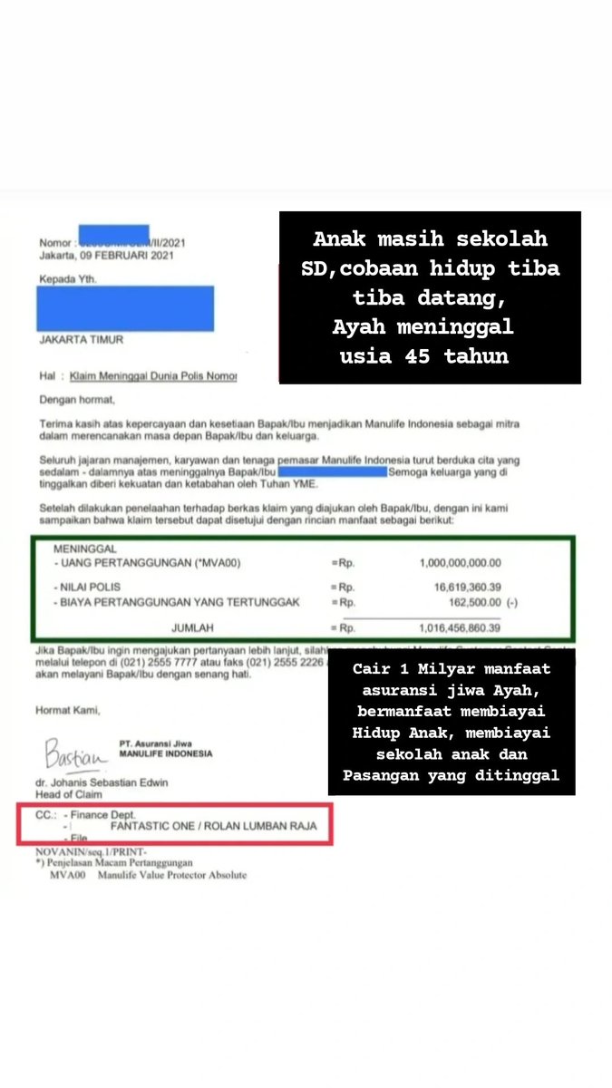 OlaLRJ's tweet photo. Anak masih usia SD, cobaan hidup datang, Ayah meninggal usia 45 tahun. cair 1 Milyar manfaat asuransi jiwa Ayah, bermanfaat membiayai Hidup Anak,  membiaya Sekolah anak dan membiayai Hidup pasangan.

 Manfaat  Asuransi jiwa bantu keluarga terhindar dari Tekanan Ekonomi. 

Sudahkah punya? Jaga jaga. Kita ngga tau kedepan. 

Makin di Tunda premi makin mahal karena usia nambah terus. 

Tips agar Hemat, yuk daftar sekarang, Demi Kebaikan Ekonomi Keluarga..

✓✓ (Moment 5 tahun lalu saat aku bantu cairkan manfaat asuransi jiwa nasabah ku, yang bikin aku makin sadar pekerjaan ini memberi Manfaat buat orang banyak)

yang mau tanya² dulu usia premi kamu silahkan WA 081361606623