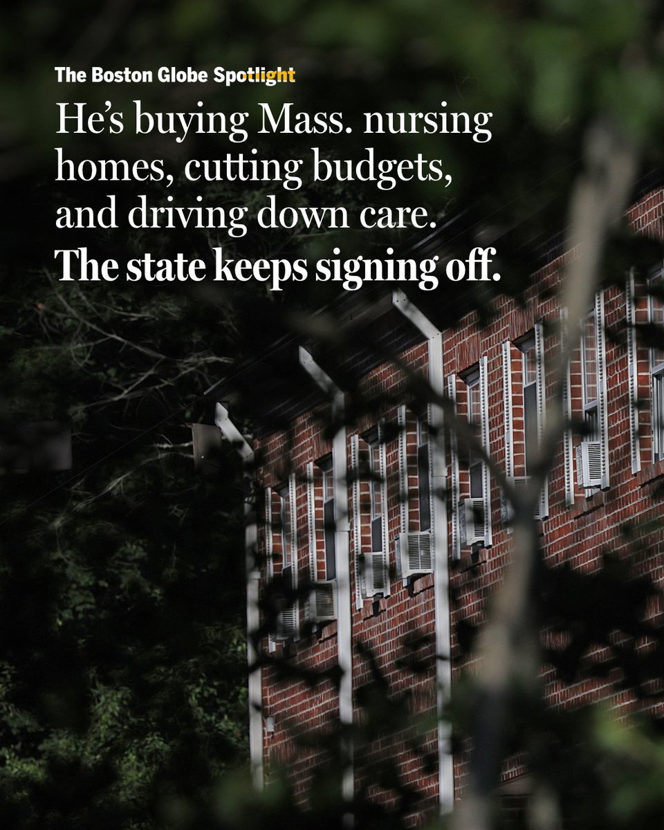 Text on the card reads: “The Boston Globe Spotlight. He’s buying Mass. nursing homes, cutting budgets, and driving down care. The state keeps signing off.”