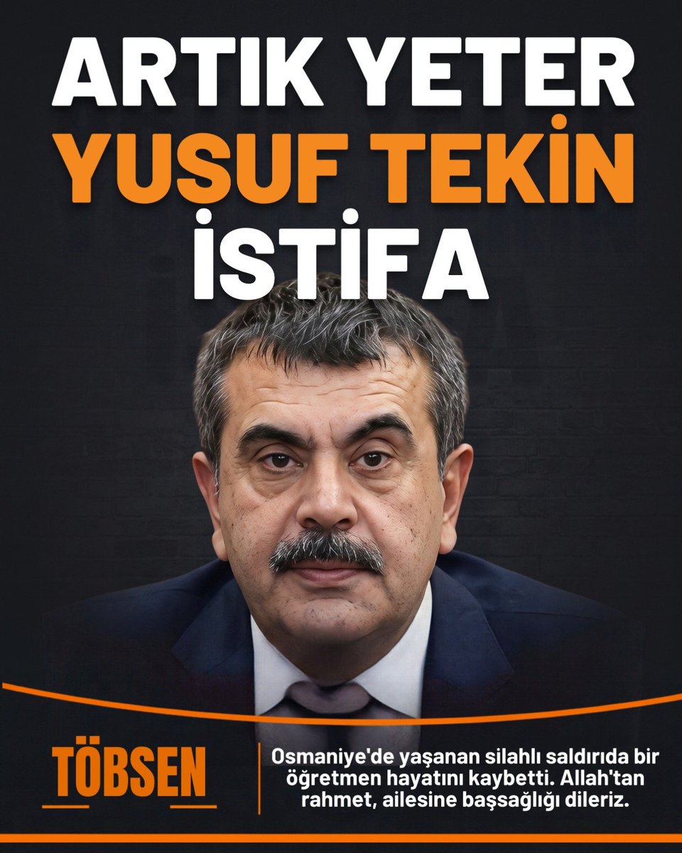 sendikatobsen's tweet photo. BİR ÖĞRETMEN DAHA OKULUNDA HAYATINI KAYBETTİ 

ARTIK YETER!

Bugün Osmaniye’de Farabi Anadolu Lisesi’nde görev yapan Türk Dili ve Edebiyatı öğretmeni Mehmet Bilgili, okul bahçesinde uğradığı silahlı saldırı sonucu hayatını kaybetti.

Mehmet Bilgili öğretmenimize rahmet; ailesine, öğrencilerine, yakınlarına ve tüm eğitim emekçilerine başsağlığı diliyoruz.

Bir öğretmenin okul bahçesinde silahla öldürülmesi, nedeninden bağımsız olarak eğitim emekçilerinin can güvenliği sorununu bir kez daha bütün çıplaklığıyla ortaya koymuştur.

Okullar eğitim yuvalarıdır. Öğretmenler ise her gün çocuklarımızın geleceği için emek veren eğitim emekçileridir. Okulların güvenli çalışma ve yaşam alanları olması için göstermelik tedbirler değil, kapsamlı ve kalıcı politikalar hayata geçirilmelidir.

Her olayın ardından başsağlığı mesajları yayımlamak yetmez.
Her saldırının ardından birkaç günlük tedbir almak yetmez.
Öğretmenlerin can güvenliğini güvence altına almak Millî Eğitim Bakanlığı’nın sorumluluğudur.

Artık eğitim emekçilerinin ölümü sıradanlaştırılmasın.
Artık öğretmenler yalnız bırakılmasın.
Artık yeter!

TÖBSEN olarak, eğitim emekçilerinin can güvenliği konusunda gerekli sorumluluğu yerine getirmediğini düşündüğümüz Millî Eğitim Bakanı Yusuf Tekin’i istifaya davet ediyoruz.

 #MehmetBilgili #Öğretmen #YusufTekin #OkullardaŞiddet  #ArtıkYeter