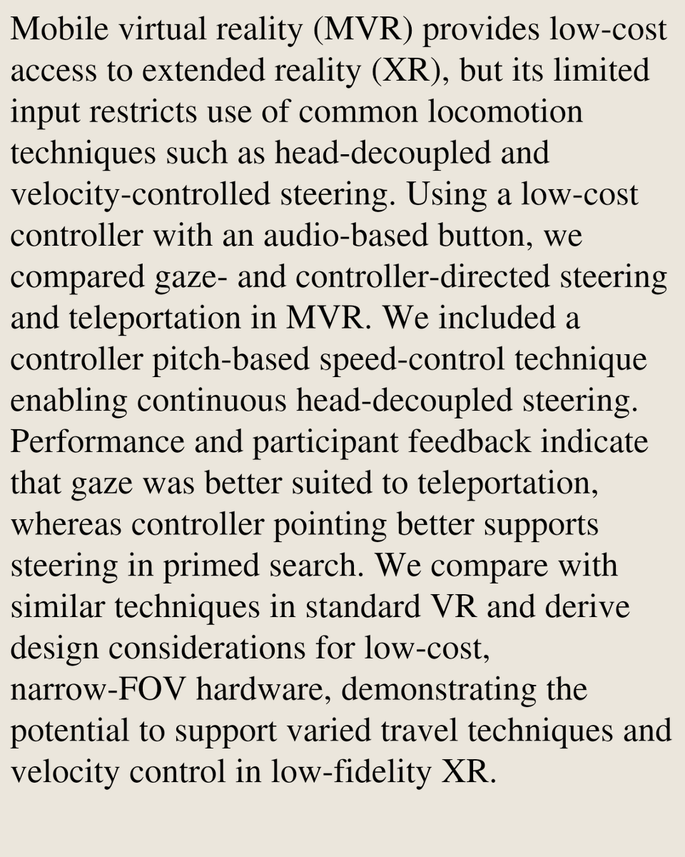 Smartphones's tweet photo. Steering Versus Teleporting in Mobile Virtual Reality

Kristen Grinyer, Daniel Zielasko, Robert J. Teather
https://t.co/diJN1HW2YD [𝚌𝚜.𝙷𝙲]
💬to appear in VRST 2026 https://t.co/WcqVpB34bS