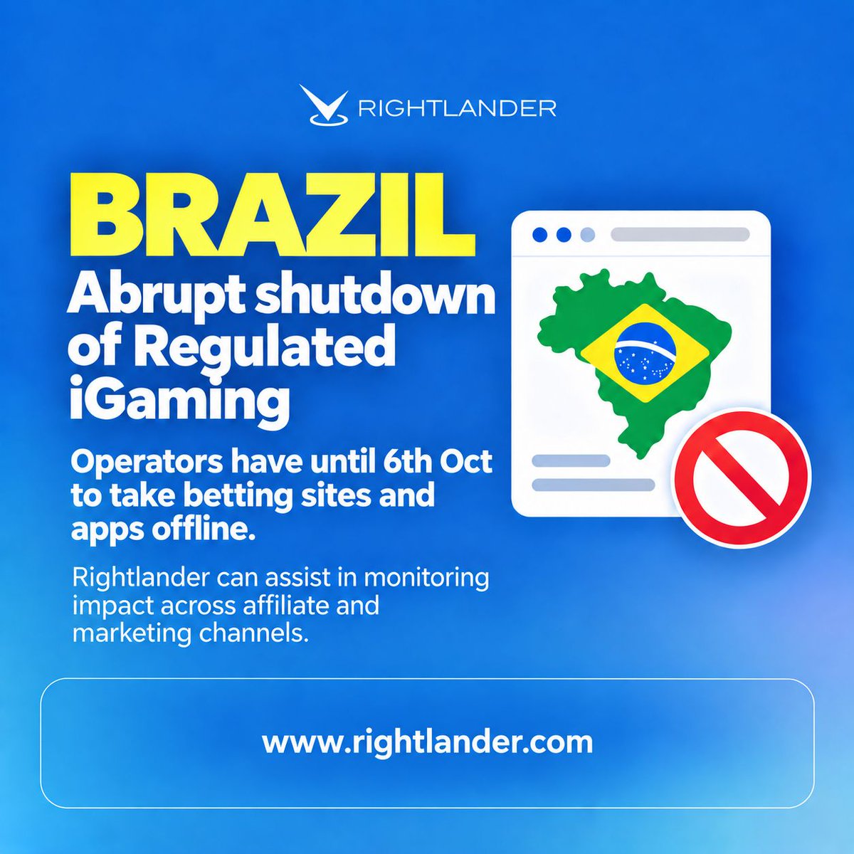 Rightlander_com's tweet photo. Brazil’s iGaming ban takes effect on 6 October. But stopping the betting doesn’t stop the marketing. Operators may still have affiliate sites, social posts and third-party content promoting their brands.
Rightlander’s Partner Intelligence can help identify what’s still out there. https://t.co/muYPvTMR83