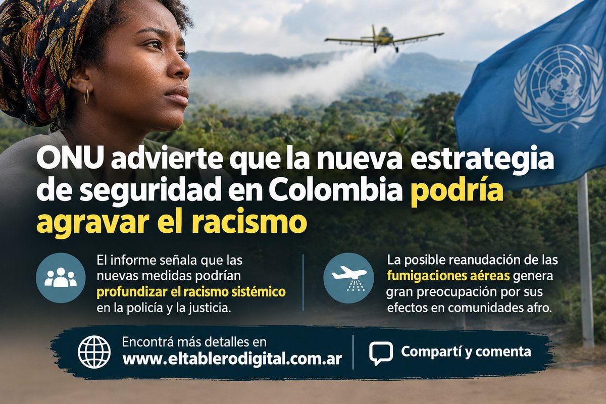 tablerodigital's tweet photo. 🇨🇴 Un informe de expertos independientes de la ONU encendió la alerta en Colombia: las nuevas políticas contra el narcotráfico y los grupos armados podrían profundizar prácticas de discriminación racial.

¿Qué dice el informe?
https://t.co/zIYcoEkM7G

#Colombia #Racismo #ONU https://t.co/HHkrsOVuJL
