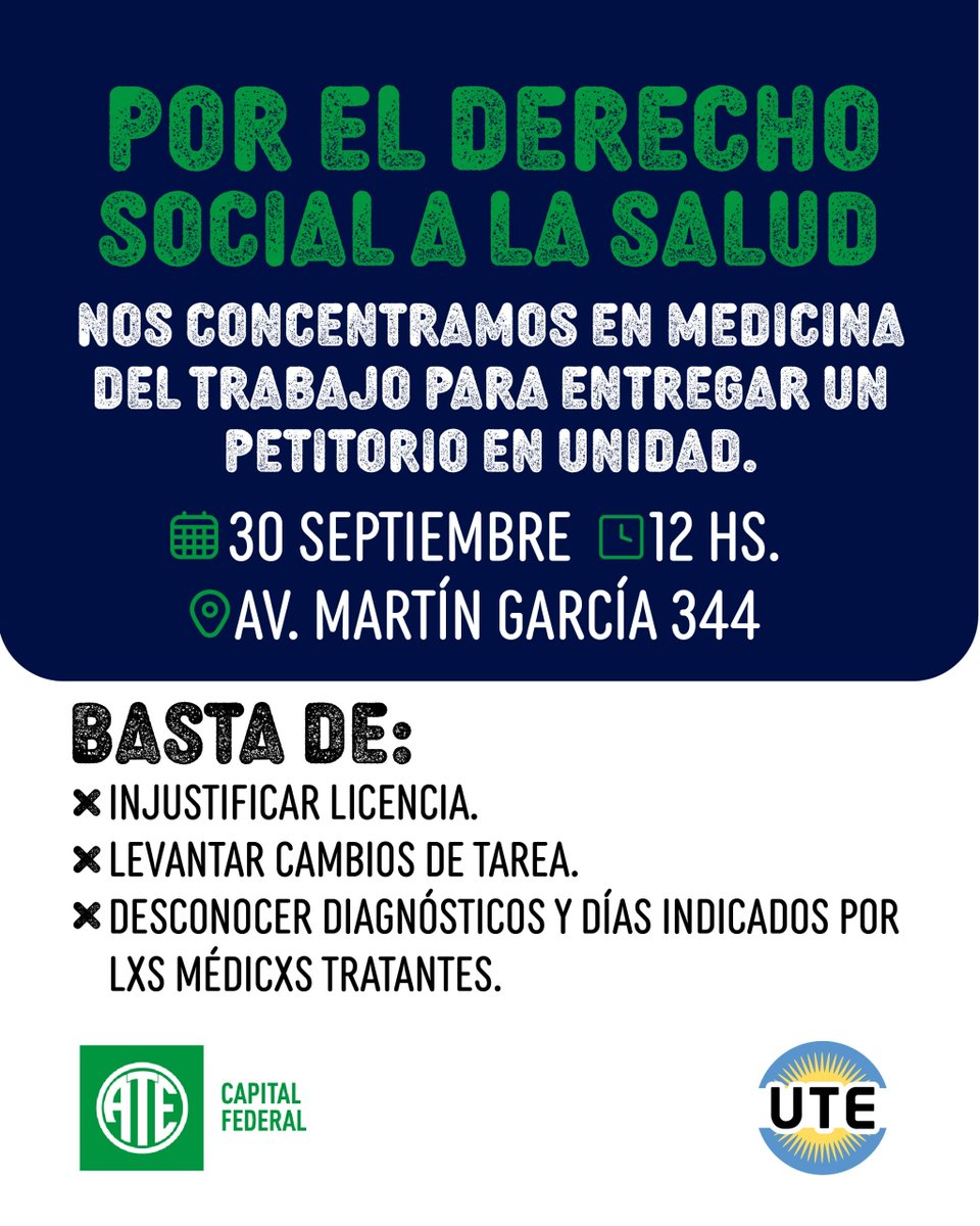 utectera's tweet photo. ¡POR EL DERECHO SOCIAL A LA SALUD! 

Nos concentramos en Medicina del Trabajo para entregar un petitorio en unidad.

🗓️ 30 de Septiembre | 12h
📍 Av. Martín García 344 https://t.co/DN2npXppBb