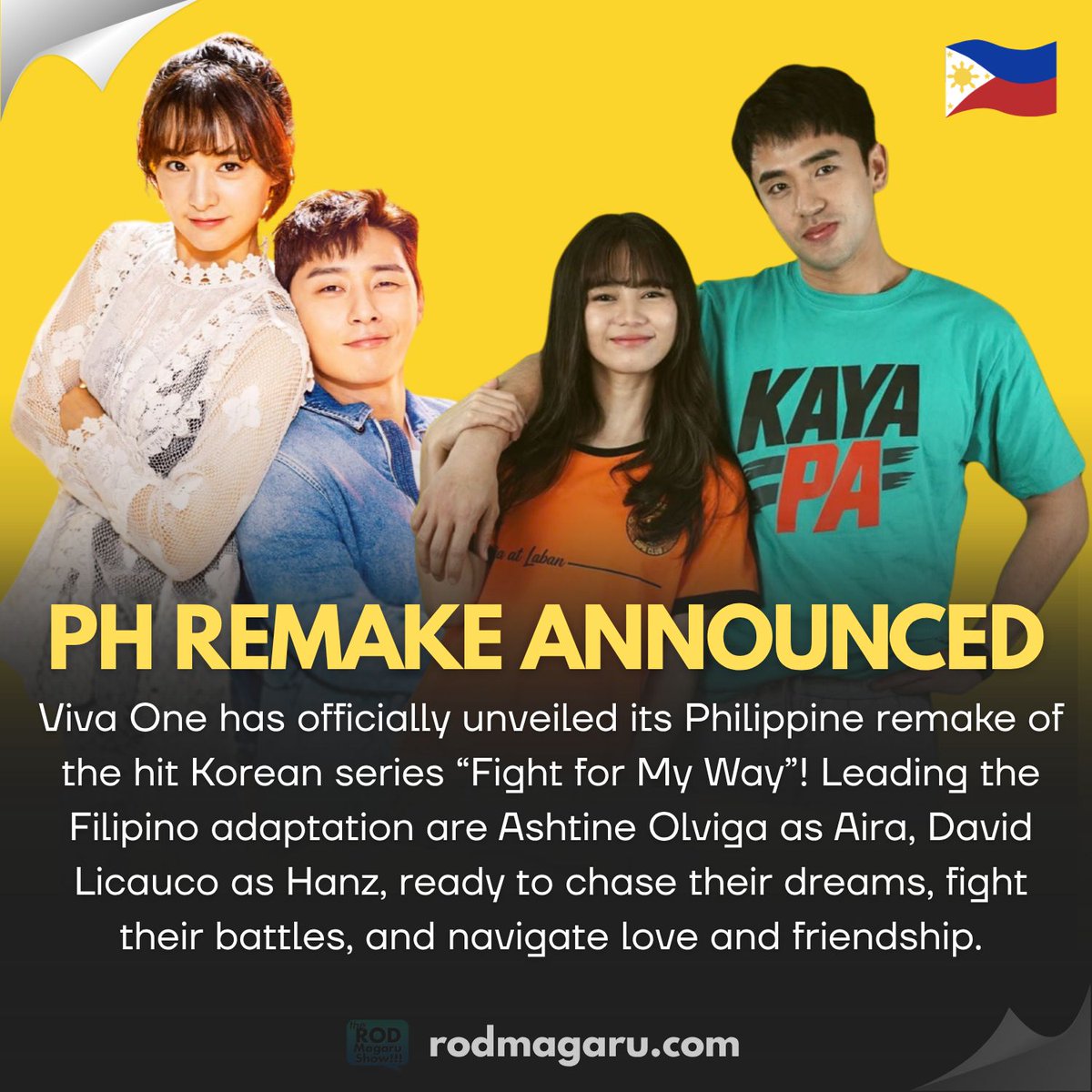 rodmagaru's tweet photo. YAY OR NAY? Viva One officially introduces David Licauco and Ashtine Olviga as the lead stars of the Philippine adaptation of the hit K-drama #FightforMyWay”!   David takes on the role of Hanz, while Ashtine stars as Aira, joined by Aubrey Caraan and McCoy De Leon. https://t.co/YErMRJuLfg