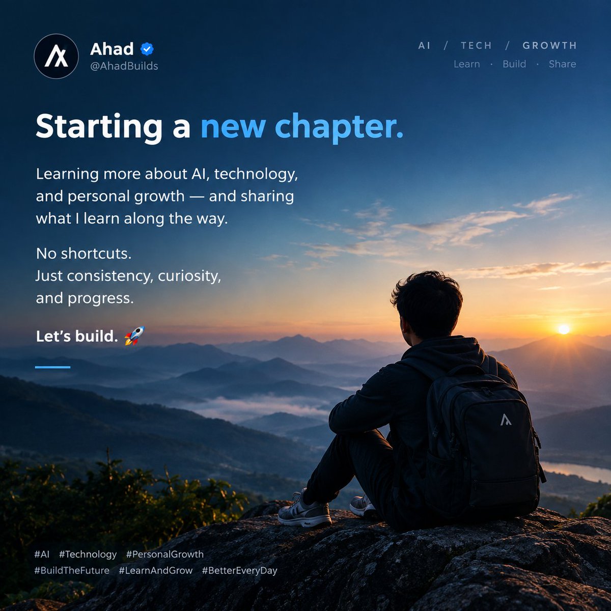 AhadBuild's tweet photo. Starting a new chapter. 🚀
Exploring AI, technology, and digital growth — while sharing what I learn along the way.
No shortcuts.
Just consistency, curiosity, and progress.
Learn. Build. Grow.
#AI #Technology #BuildInPublic https://t.co/ovsUTPE6EJ