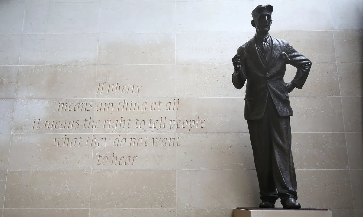 TheReal_DealDan's tweet photo. @SkyNews “History has stopped. Nothing exists except an endless present in which
the Party is always right”

They do realise how on the nose this is right? I mean you got a statue of the guy outside their fucking building. https://t.co/6Vl88ucpYg