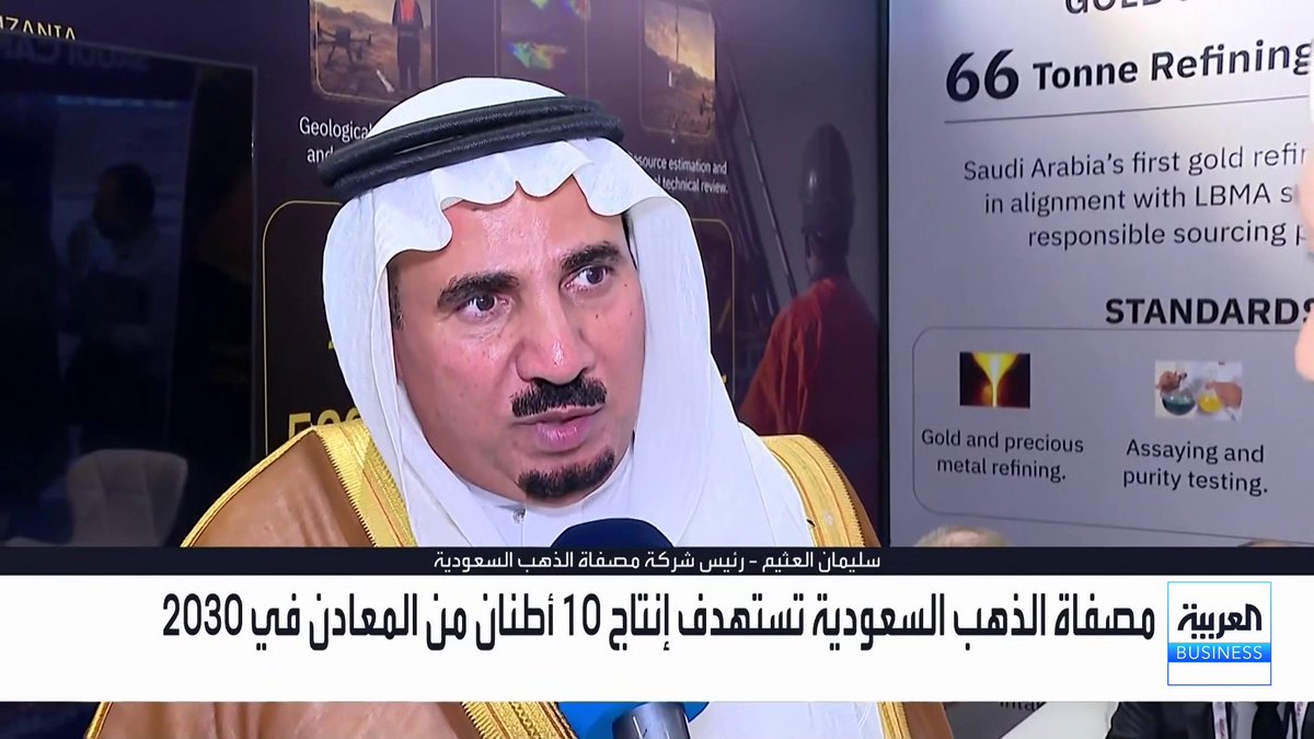 رئيس شركة مصفاة الذهب السعودية سليمان العثيم في لقاء مع العربية Business على هامش منتدى التعدين في مصر: لدينا 40 رخصة تعدينية في السعودية ونستهدف افتتاح 3 مناجم بنهاية 2026. نستهدف إنتاج 10 أطنان من المعادن في 2030. تحديث نظام التعدين في مصر يفتح المجال أمام الشركات لاقتناص الفرص. قدمنا على مناقصة للحصول على 7 رخص تعدينية في مصر. نستهدف استثمار 200 مليون دولار على الاستكشاف والتعدين في مصر بحلول 2030. شركات التعدين في السعودية ستضاعف إنتاجها من الذهب لتحقيق الاكتفاء الذاتي بحلول 2030 جرس الإغلاق _Business fahimazayed 