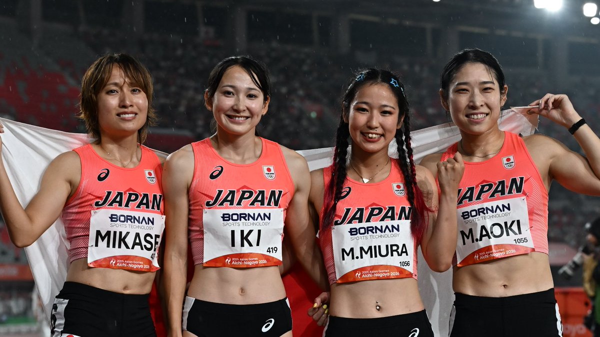 Getsuriku's tweet photo. #名古屋アジア大会
女子4×100ｍR
日本🇯🇵は銅メダル！
3大会ぶりのメダル獲得🥉

43秒52は日本歴代4位✨
オーダーは青木益未-三浦愛華-壹岐あいこ-御家瀬緑 https://t.co/t9LJA3IH5t