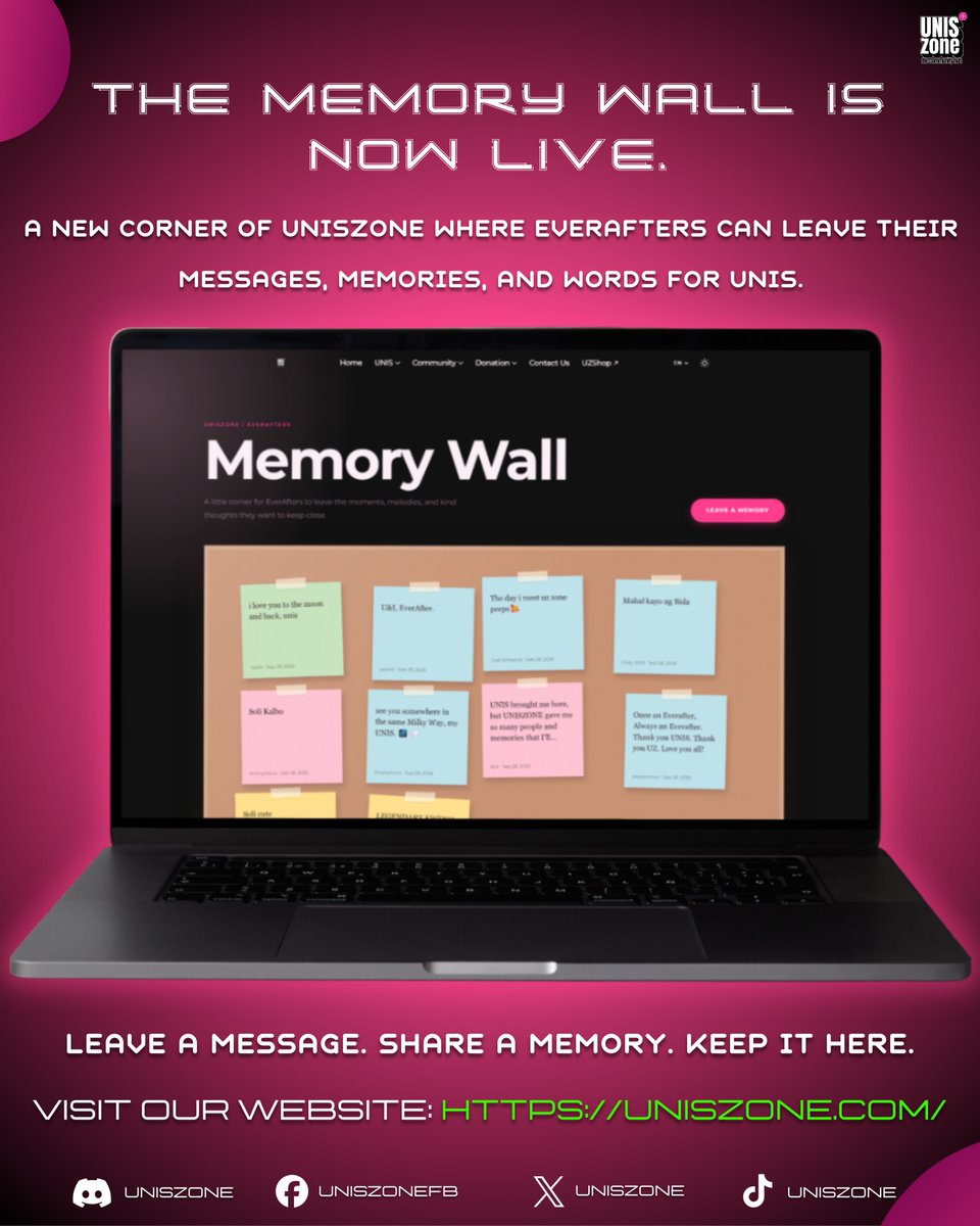 uniszone's tweet photo. THE MEMORY WALL IS NOW LIVE.

A special corner of UNISZone for EverAfters to share the memories, messages, and words they want to leave for UNIS.

Leave a message, share a memory, and let your words become part of the Memory Wall.

Visit the Memory Wall at https://t.co/oXz4UC695q

#UNIS #UNISZone #EverAfter