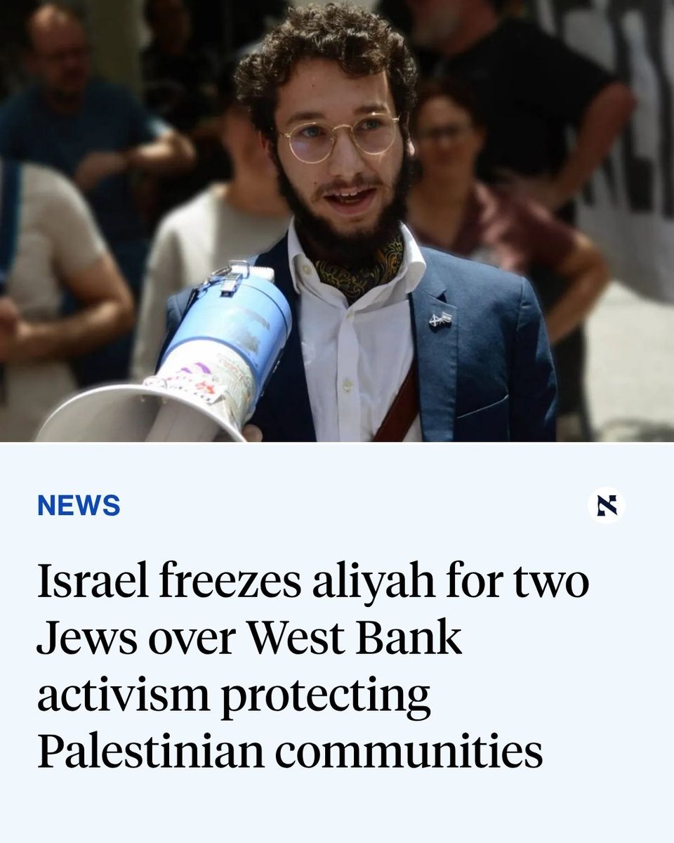 haaretzcom's tweet photo. Israel has revoked the aliyah eligibility of two young Jewish activists, one British and one American, who have worked to protect Palestinian communities in the West Bank from settler and military violence. These are the first known cases in which the authorities appear to be violating the Law of Return, which grants every Jew the right to immigrate to Israel.

🔗https://t.co/hLRyebvcKg