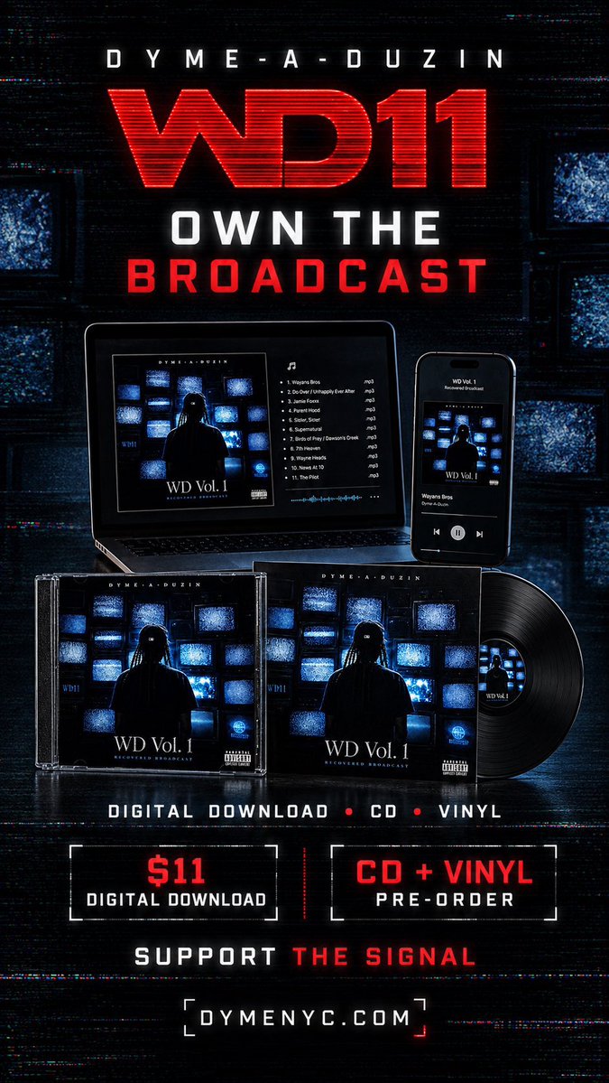 DymeADuzin's tweet photo. There are three ways to own WD Vol. 1.

📲 Digital Download: $11
📀 CD: Preorder
💿 Vinyl: Preorder

Every purchase supports independent music and helps keep WD11 broadcasting.

Own the broadcast.

https://t.co/enyk7HByfL 📡 https://t.co/RbbvXbrHnp