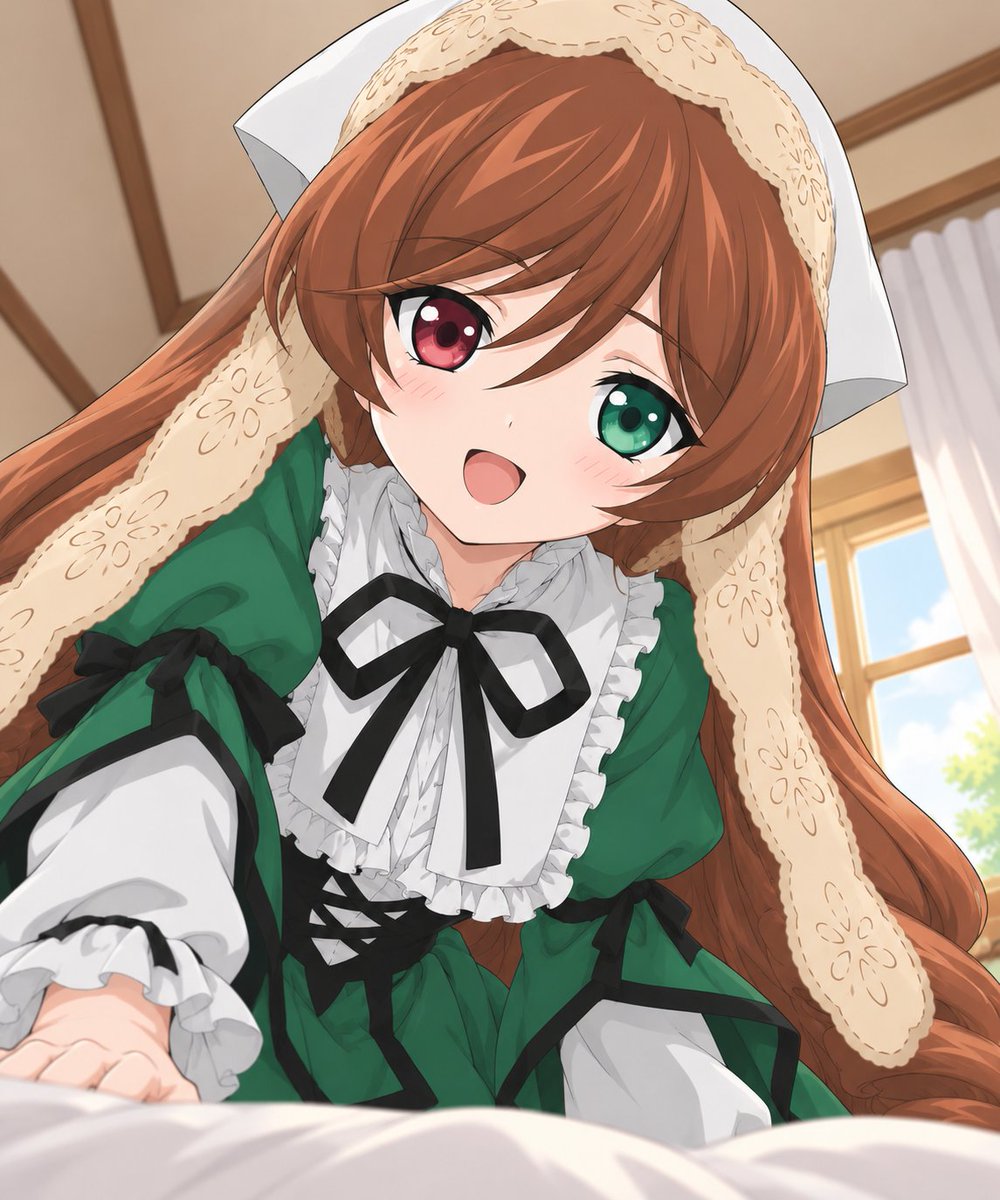 MonakaKomugi's tweet photo. 「おはようですぅ。……やっと起きたですね、ねぼすけ。
べ、別にお前が起きるのを待ってたわけじゃないですからね！」
朝いちばんに会えるのが翠星石だったら。☀️

#ローゼンメイデン #翠星石 #AIイラスト https://t.co/4vECMVydpm