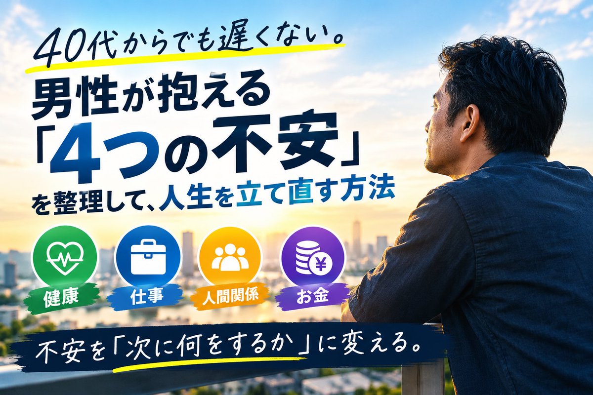 Kozirous's tweet photo. 40代からでも遅くない。男性が抱える「4つの不安」を整理して、人生を立て直す方法｜坂下 月 https://t.co/GvE5DORkU1 https://t.co/kJ91ogsAMm