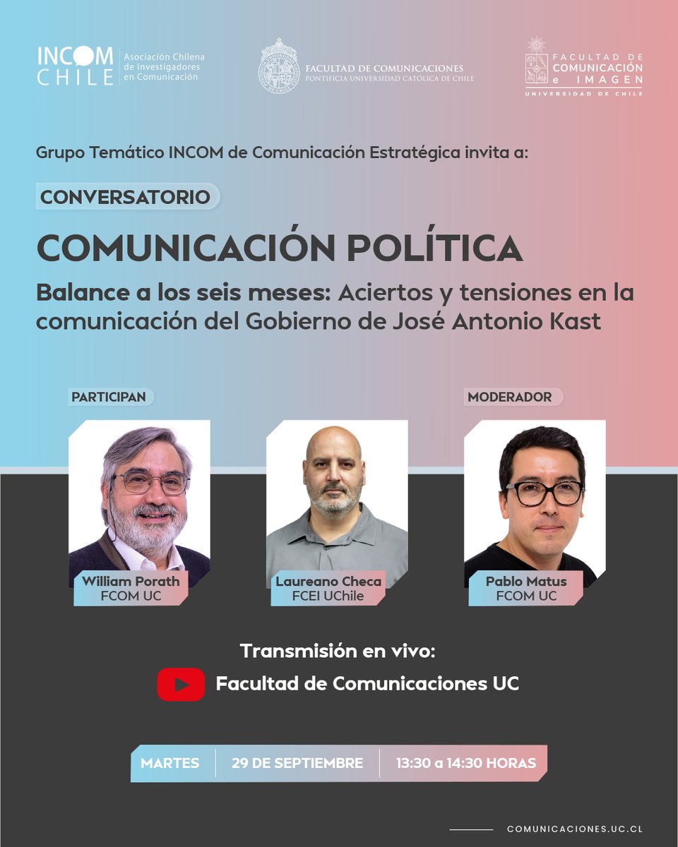fcomuc's tweet photo. Mañana, martes 29 de septiembre a las 13:30 horas, conversaremos sobre comunicación política y de gobierno en el marco de los primeros seis meses de la administración de José Antonio Kast.

Súmate a la transmisión online acá: https://t.co/cknieG6E36

¡Te esperamos! https://t.co/aaH7t3vKXY