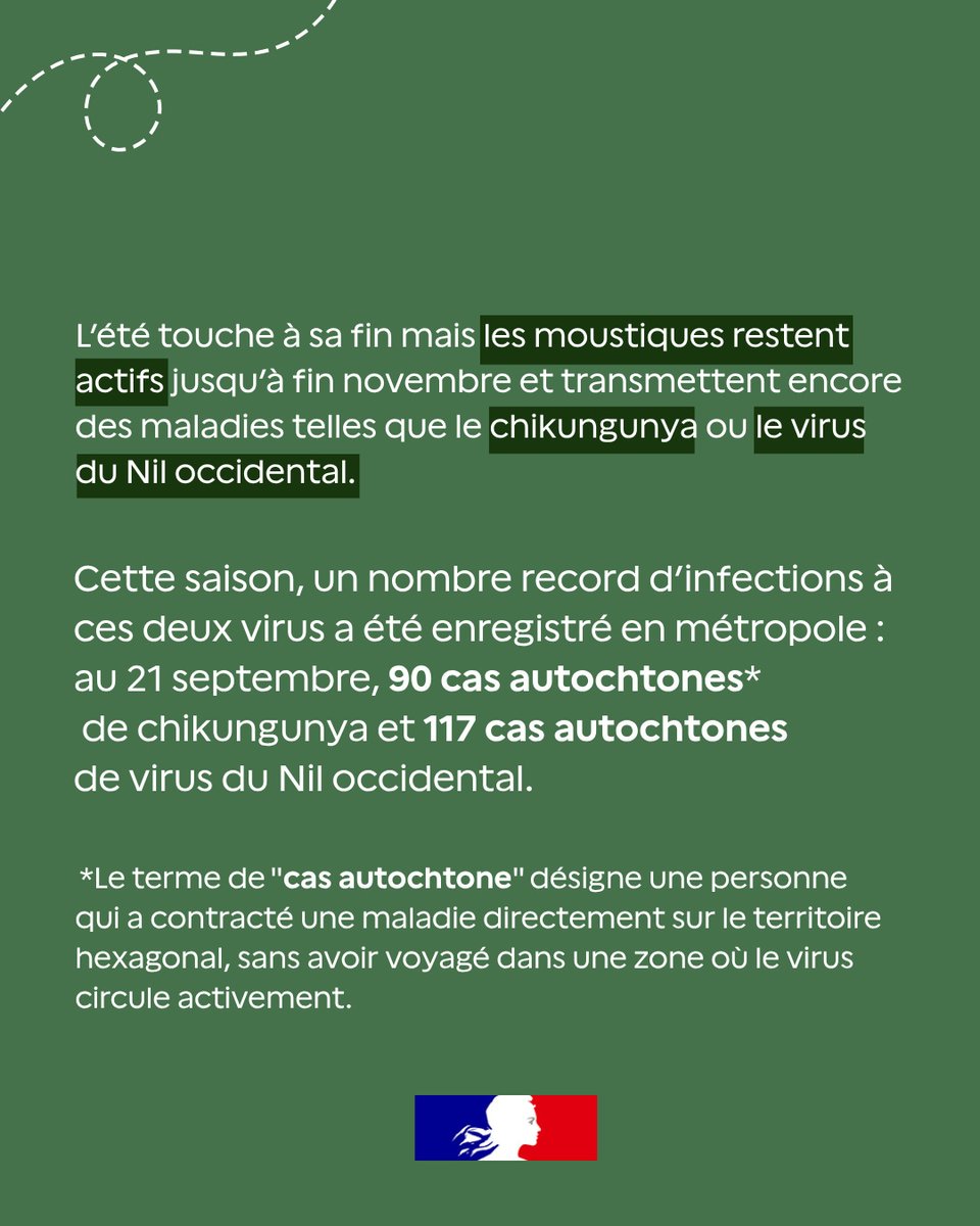 Sante_Gouv's tweet photo. #Moustiques | Quels symptômes doivent vous alerter ?
 
Fièvre, douleurs articulaires, maux de tête, douleurs musculaires, éruption cutanée… certains symptômes peuvent nécessiter une consultation médicale.
🩺 Consultez votre médecin en cas de symptômes. Et si vous êtes malade, continuez à vous protéger des piqûres de moustique pour éviter notamment de transmettre le chikungunya à votre entourage.
 
👉 Plus d’informations sur :
https://t.co/36I56hyRJD
https://t.co/tAWMsNcgd3