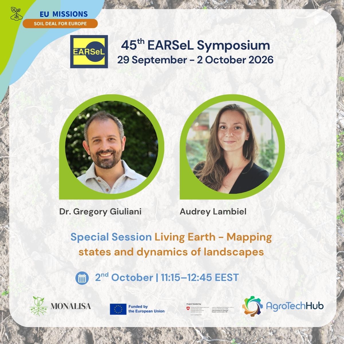 MONALISA_4LAND's tweet photo. 🌍 Tomorrow at #EARSeL2026, MONALISA will be represented by Gregory Giuliani and Audrey Lambiel in the Special Session “Living Earth – Mapping states and dynamics of landscapes.”
📅 2 October | Athens
Programme: https://t.co/AFgsydBLs8
#MONALISA4land https://t.co/VyLRD9GSdW
