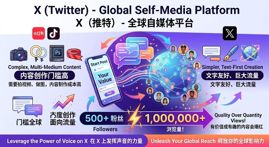 7ai_Life's tweet photo. 普通人做自媒体，现在最好的机会可能在 X。

在国内做抖音、小红书，成本太高了： 拍视频、做图、过审核、拼剪辑，普通人根本卷不起。

但在 X（推特），规则变了：

纯文字就能打：写清楚你的观点和价值就够了。

流量上限高：背靠全球流量池，推荐机制更看重内容本身。

低粉也能爆：几百粉跑出几十万甚至上百万 Views，在 X 上每天都在发生。

降低创作门槛，把精力留给真正有价值的内容。