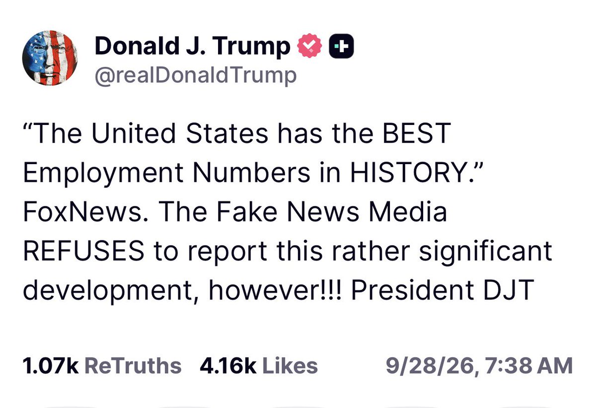 intheMatrixxx's tweet photo. “The United States has the BEST Employment Numbers in HISTORY.” FoxNews. The Fake News Media REFUSES to report this rather significant development, however!!! President DJT https://t.co/jMuzCXETtF