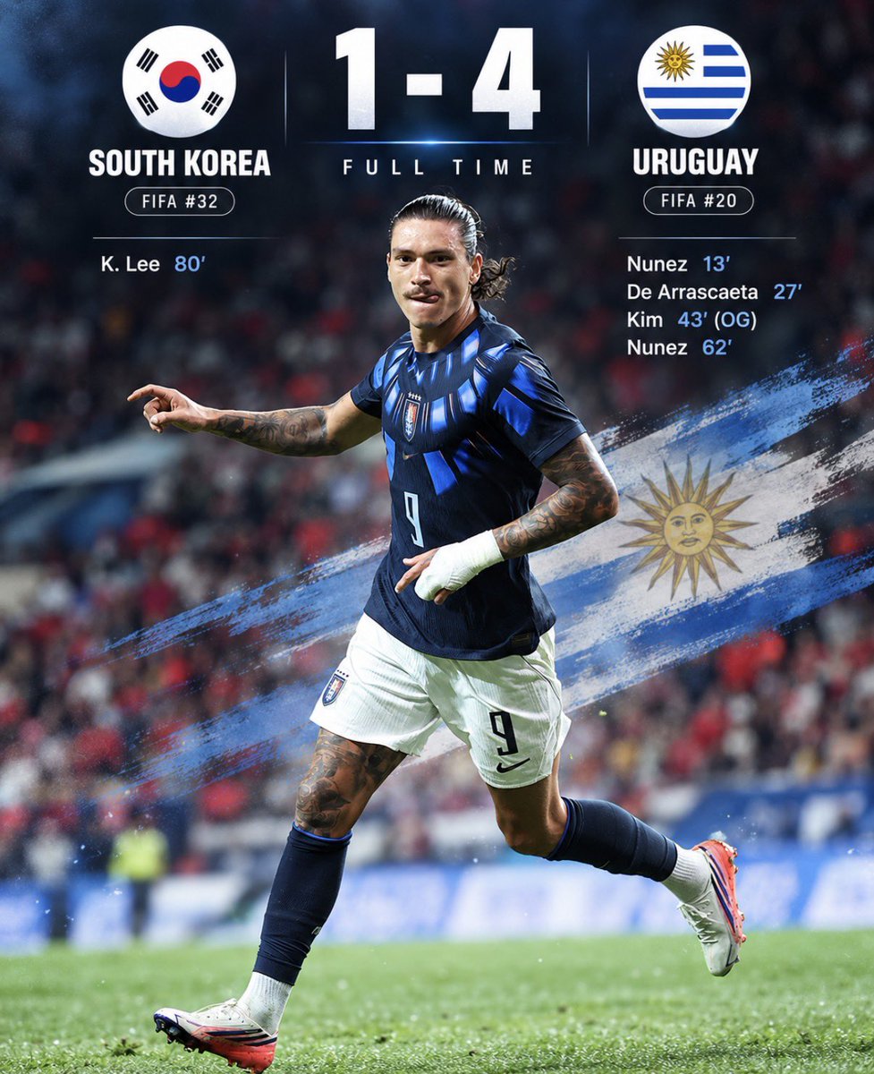 Fooootest's tweet photo. 【試合終了】

🇰🇷韓国代表 1-4 ウルグアイ代表🇺🇾

ヌニェスが2ゴールの活躍🔥

ウルグアイがフォルラン新体制で初勝利✨ https://t.co/BhJyfd8guf