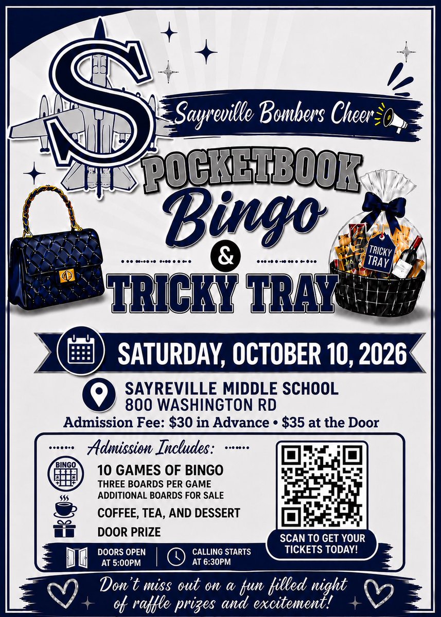 SWMHS_Cheer's tweet photo. Join us on October 10th for the SWMHS Cheerleading Pocketbook Bingo 👜 &amp; Tricky Tray! All proceeds help our team on their road to Nationals in Florida! ✈️ Link in bio. to register 📣 @Sayrevillek12 @SWMHSbombers https://t.co/8v8bc9BxN0