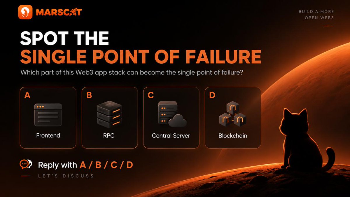 MarsCat_Global's tweet photo. Quick Web3 #quiz 👀

Even in Web3, “#decentralized” doesn’t always mean every layer is decentralized.

In a simplified app stack:

A — Frontend
B — RPC
C — Central Server
D — Blockchain

Which one is most likely to become a single point of failure?
Drop A / B / C / D below and tell us why.

We’ll share the answer soon 👇

#Marscat
